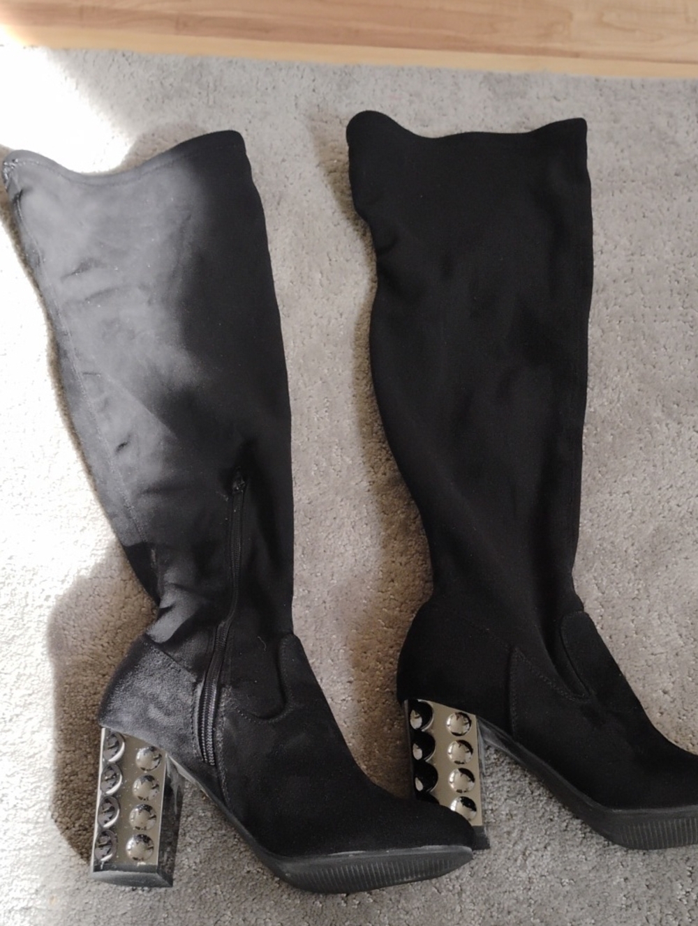 Carlos Santana Black Over-the-Knee Boots with Silver Studded Block Heel